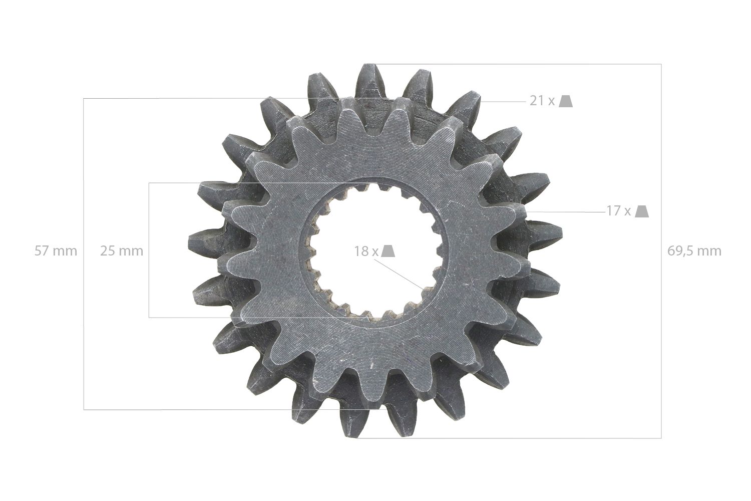 Roue dentée Iseki 17TX21T 18 splines Iseki TX-Types, Bolens G-, H-Types, Massey Ferguson 1120, White FB16