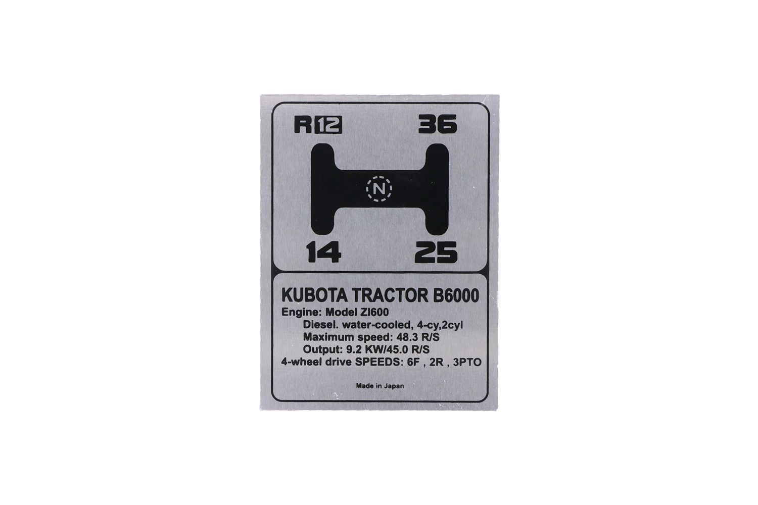 Kubota B6000 Plaque signalétique en aluminium Engels